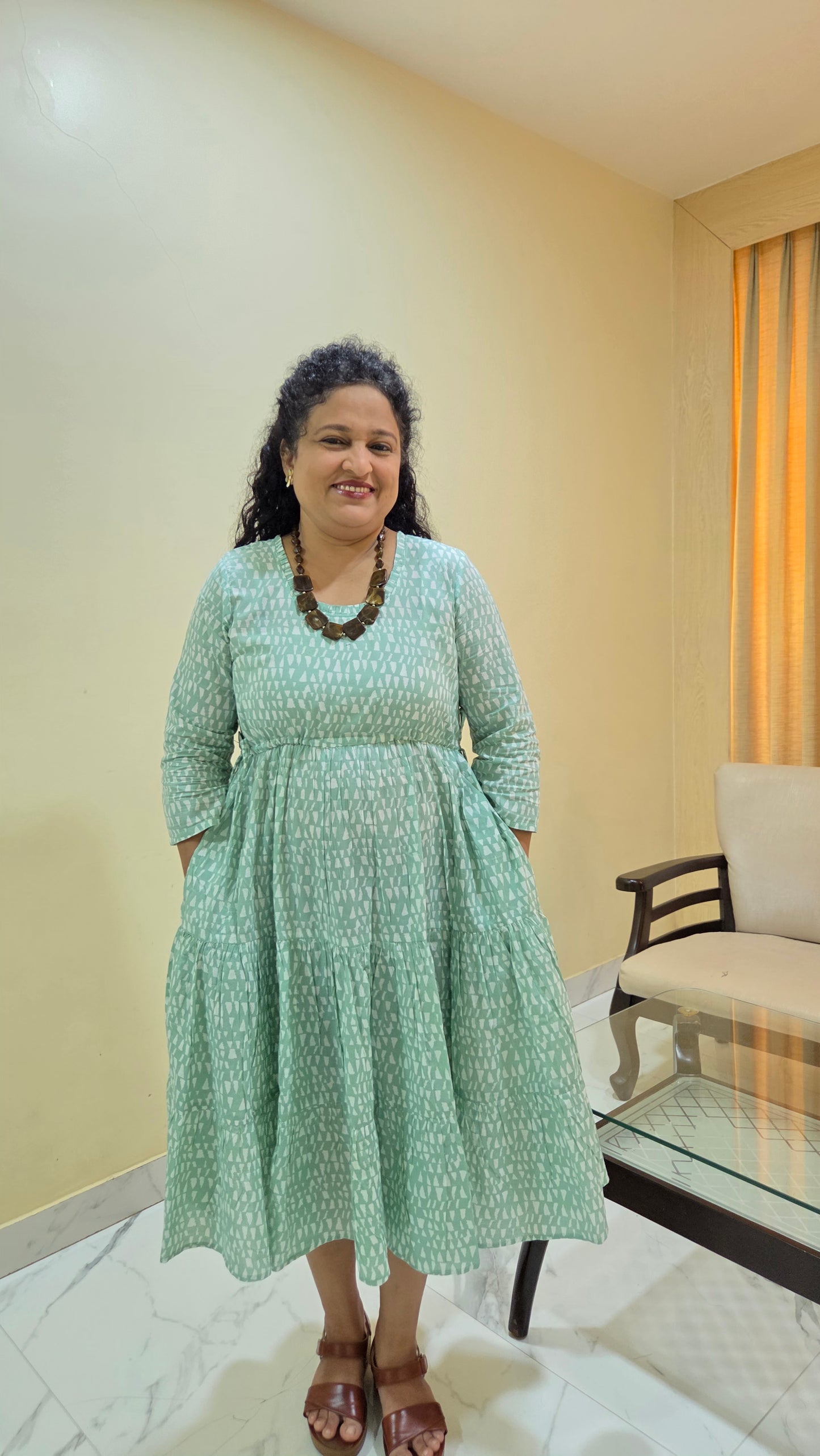 Mother Light Green Color Nadi Dress in Cotton