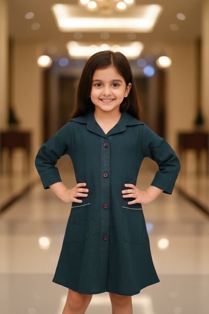 Daughter Bottle Green Color Vertical Shirt Dress in Cotton