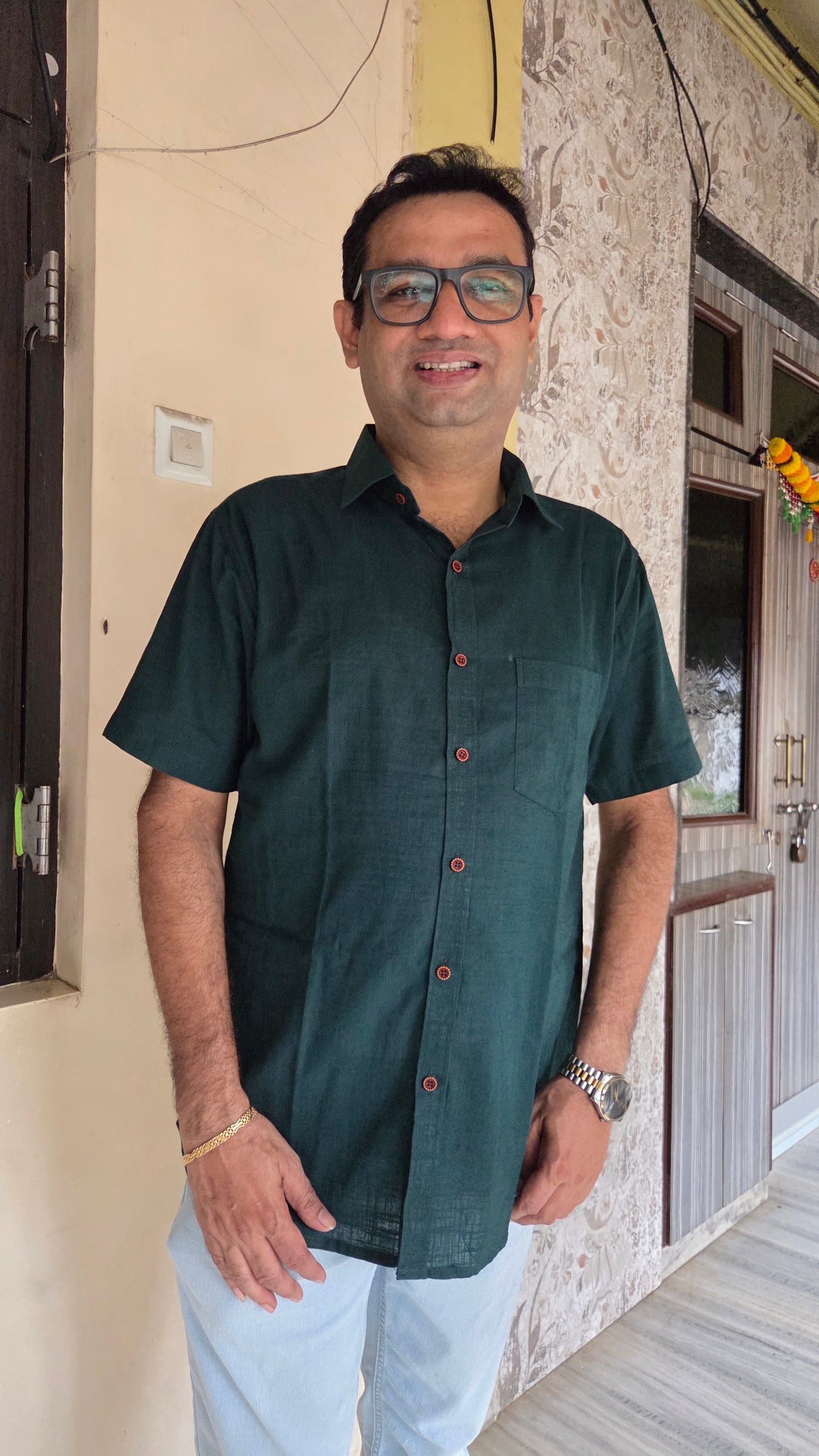 Father Bottle Green Color Half Shirt in Cotton