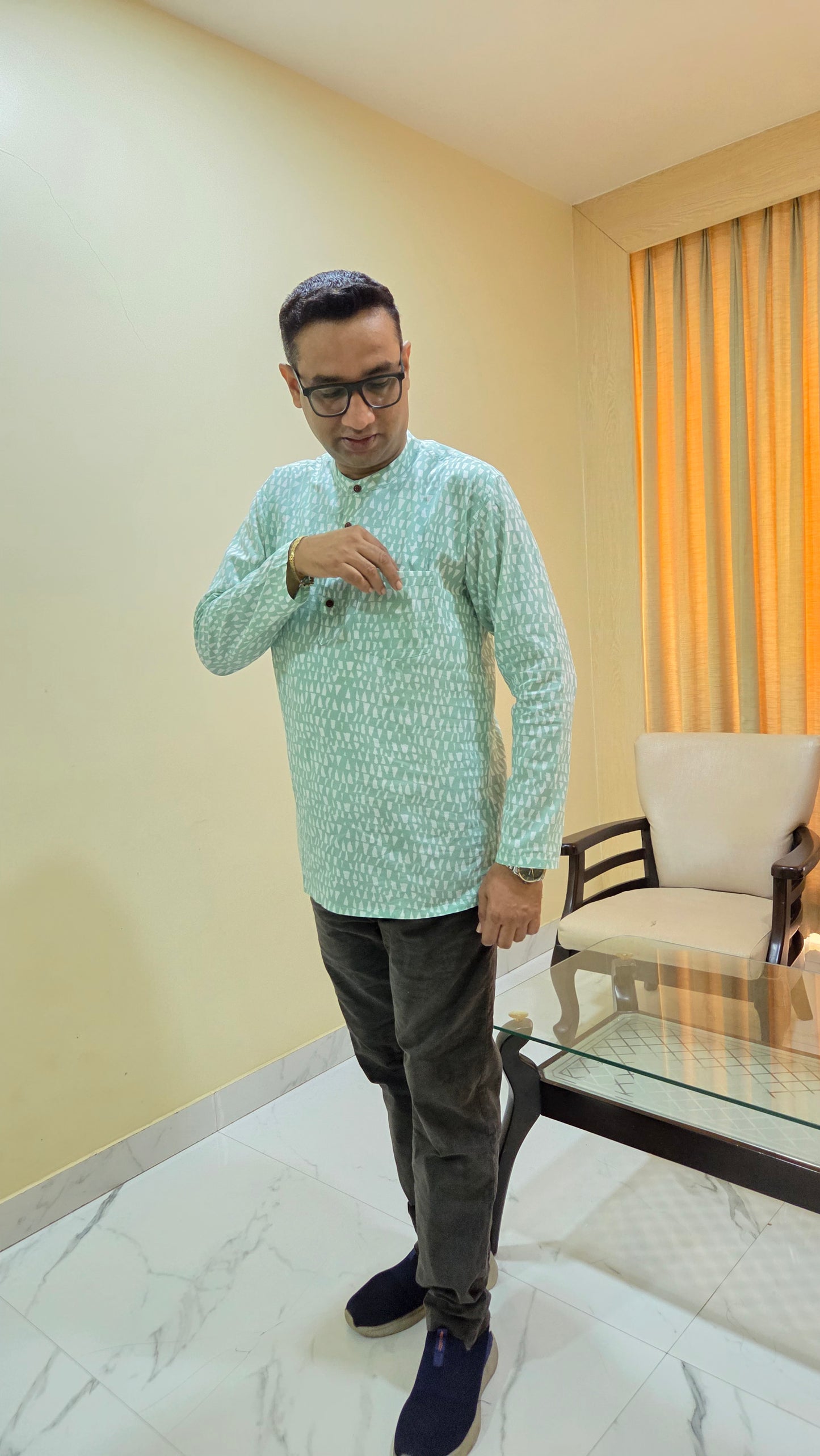 Father Light Green Color Kurta Shirt Full Hand in Cotton