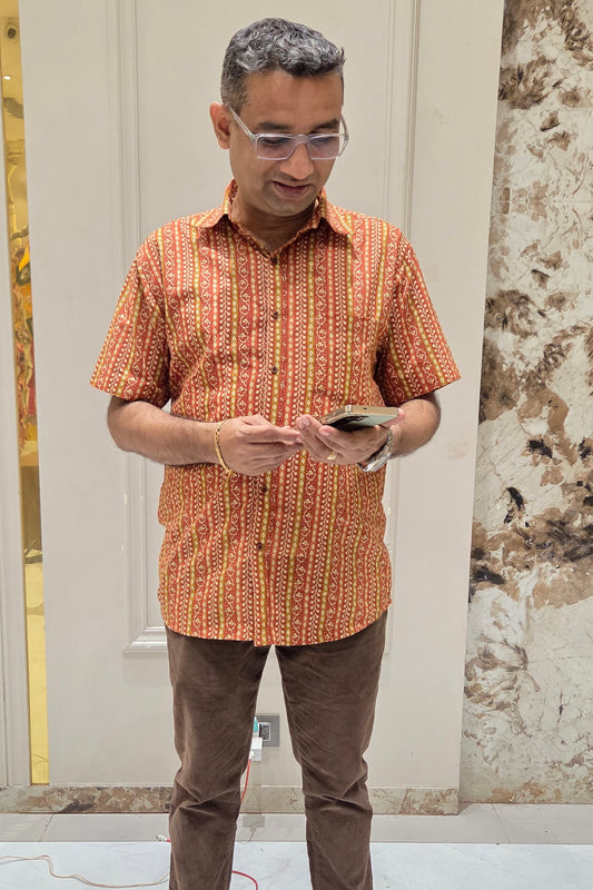 Father Rust Color Vertical Design Half Shirt in Cotton