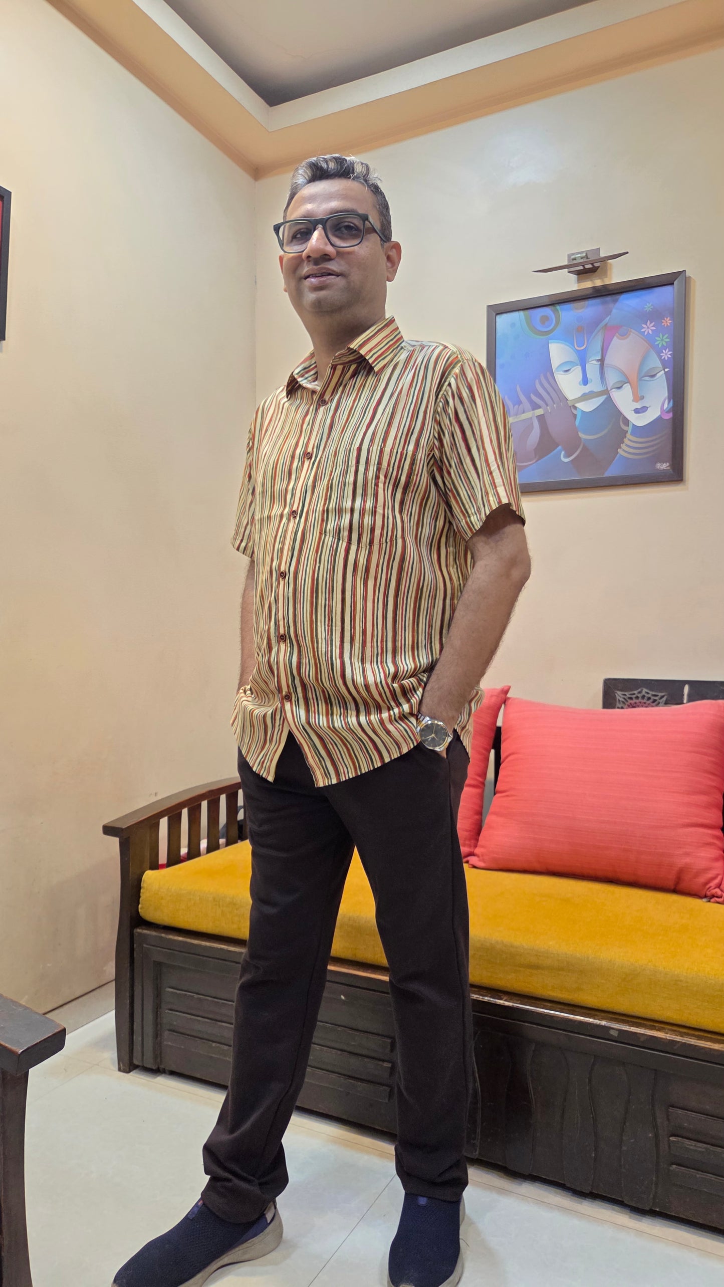 Father MultiLine Color Vertical Half Shirt in Cotton