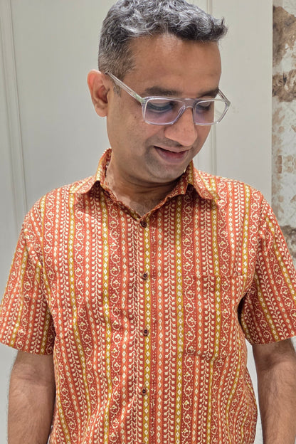 Father Rust Color Vertical Design Half Shirt in Cotton