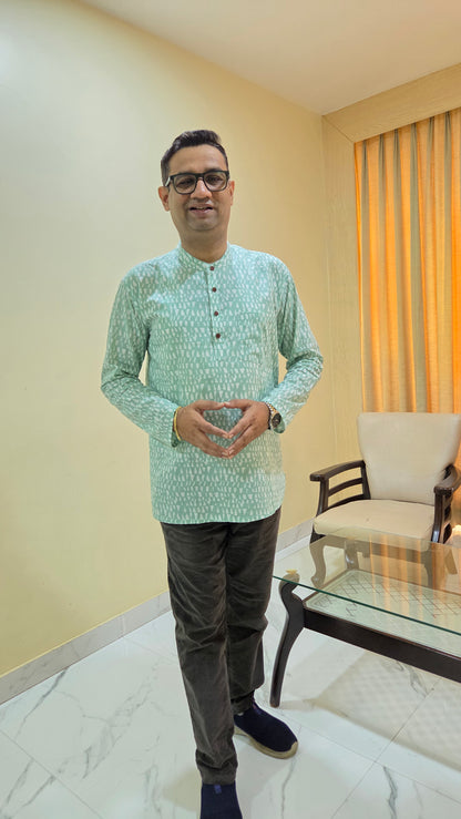 Father Light Green Color Kurta Shirt Full Hand in Cotton