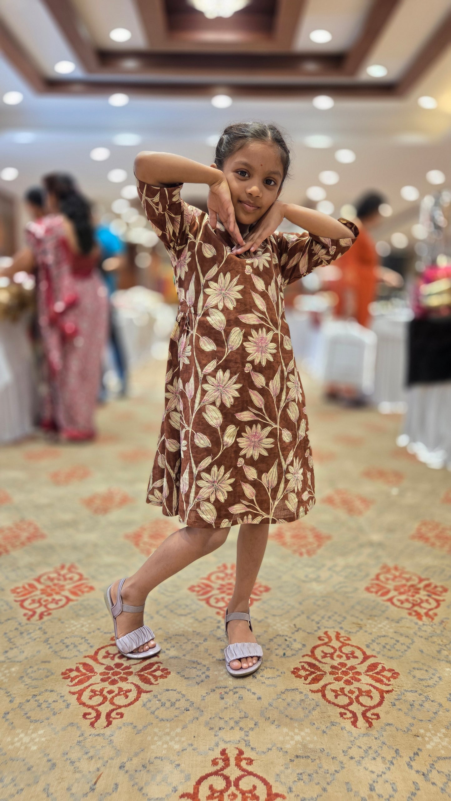 Daughter Brown Floral Frock in Cotton