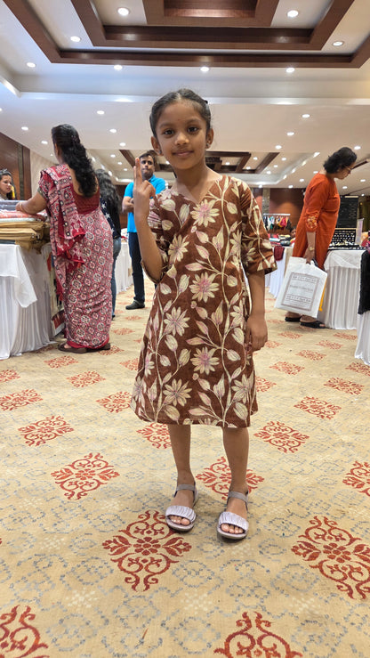 Daughter Brown Floral Frock in Cotton