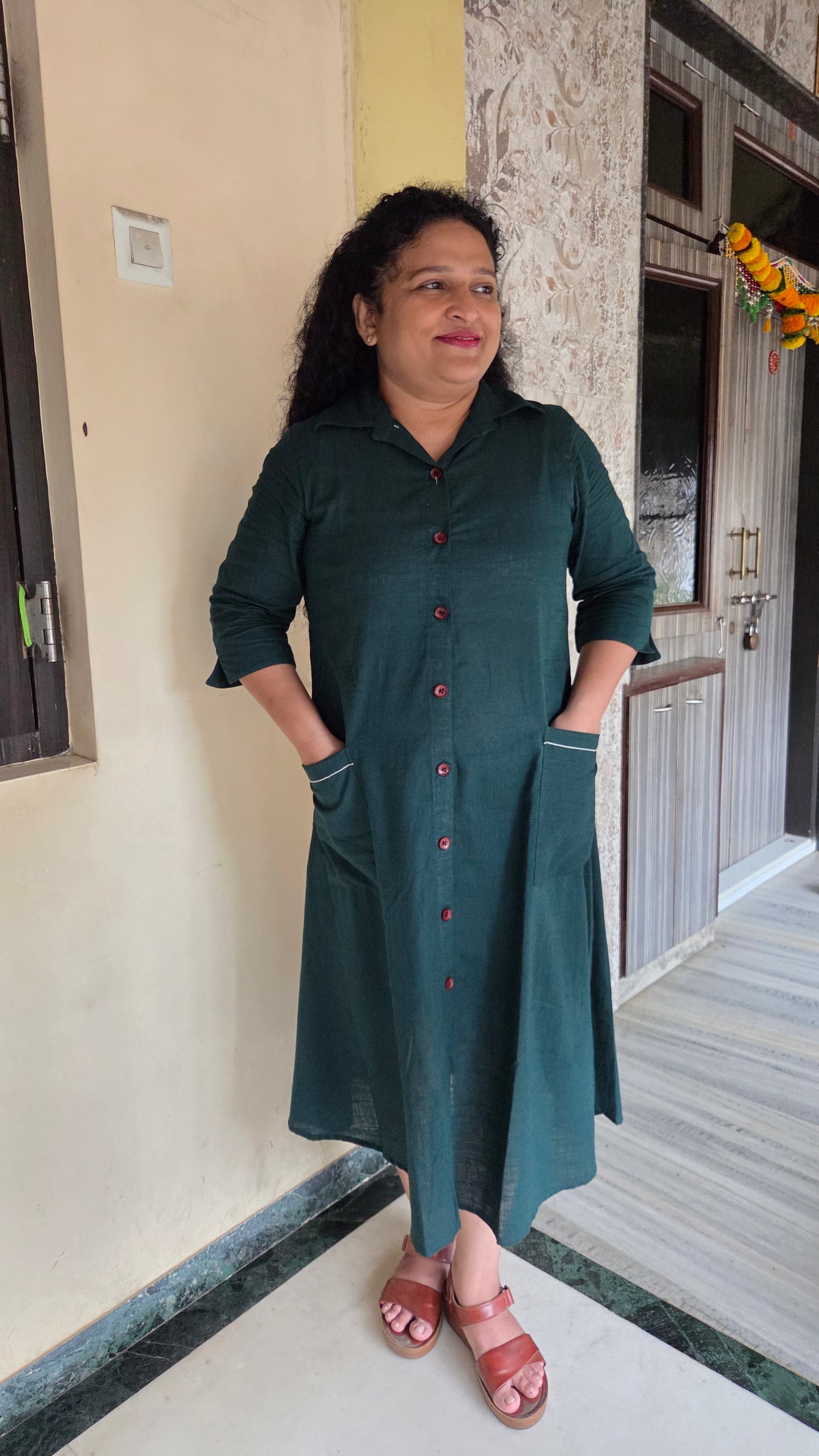 Mother Plain Bottle Green Shirt Dress in Cotton