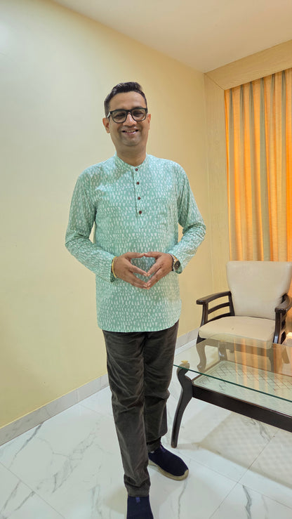 Father Light Green Color Kurta Shirt Full Hand in Cotton